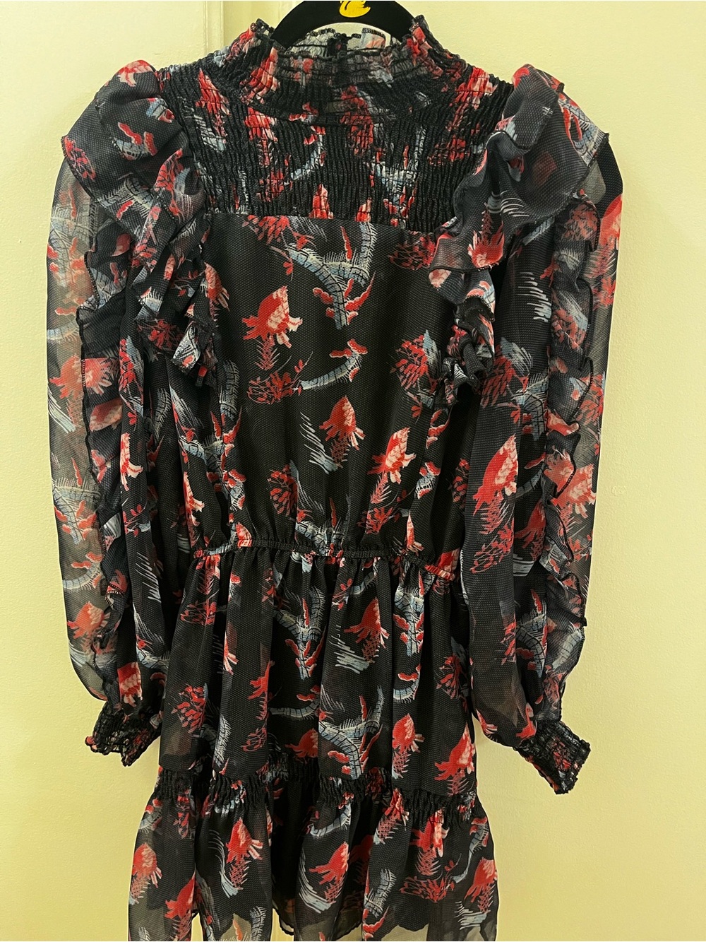 Beulah Style Black Mini Dress with Red Floral Print - XS